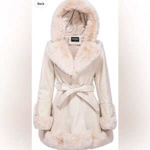 Beige With Hood Women's Coat with Faux Fur Collar